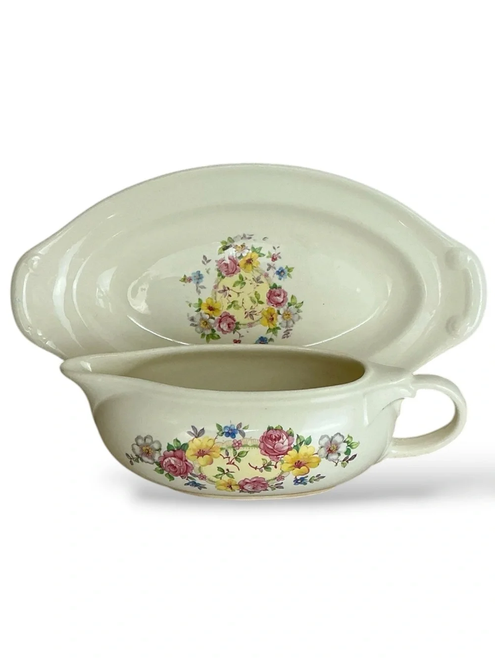 Vintage Taylor Smith China Gravy Boat & Dish Floral Creamy Ivory 2 Pc MCM 1940’s